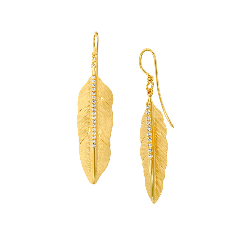 Diamond Feather Dangle Earrings, 14K Yellow Gold