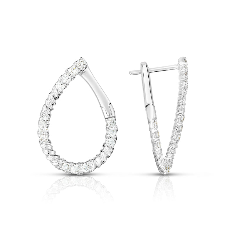 Offset Drop Shape Diamond Hoop Earrings, 14K White Gold
