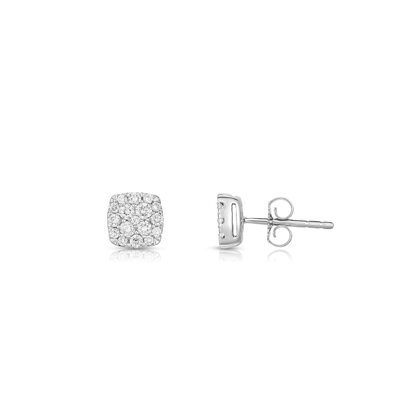 Square Diamond Cluster Stud Earrings, .50 Carat, 14K White Gold