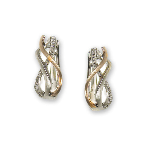 Two Tone Open Design Diamond Hoops, 14 Karat Gold