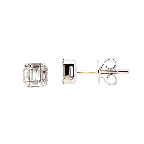 Baguette and Round Diamond Stud Earrings, 14K White Gold