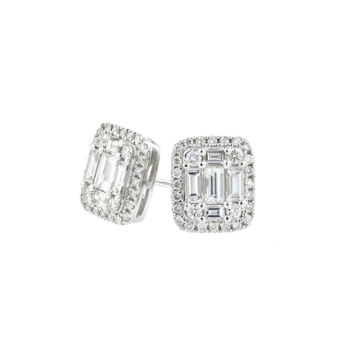 Baguette and Round Diamond Stud Earrings, 18K White Gold