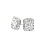 Baguette and Round Diamond Stud Earrings, 18K White Gold