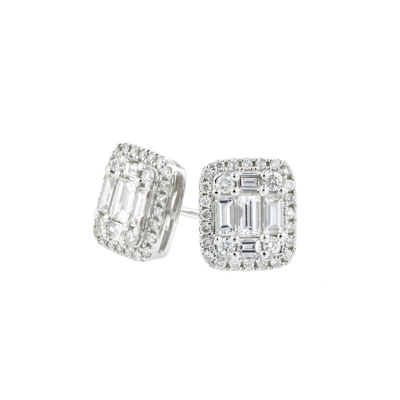 Baguette and Round Diamond Stud Earrings, 18K White Gold