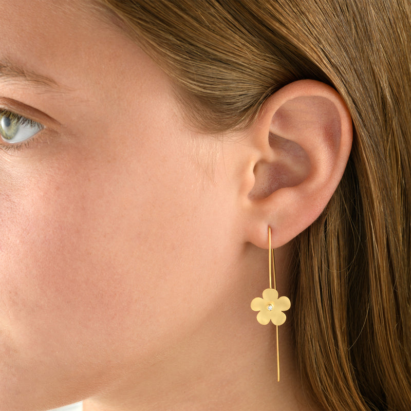Diamond Flower Open Wire Earrings, 14K Yellow Gold