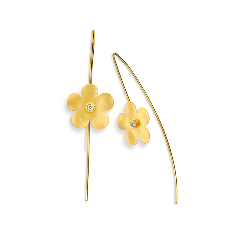 Diamond Flower Open Wire Earrings, 14K Yellow Gold