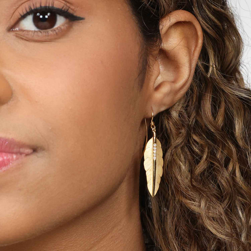 Diamond Feather Dangle Earrings, 14K Yellow Gold