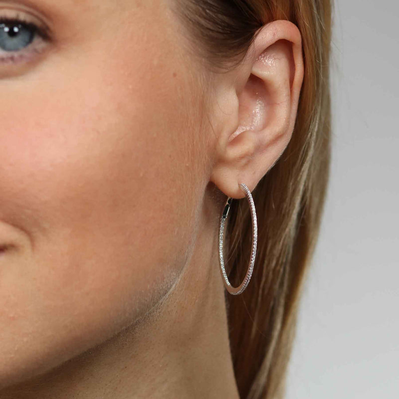 Skinny Inside Out Diamond Hoops, 1.25 Inches, 14K Yellow Gold