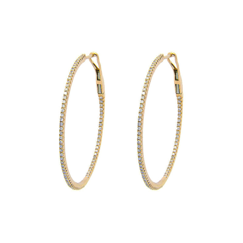 Skinny Inside Out Diamond Hoops, 1.25 Inches, 14K Yellow Gold