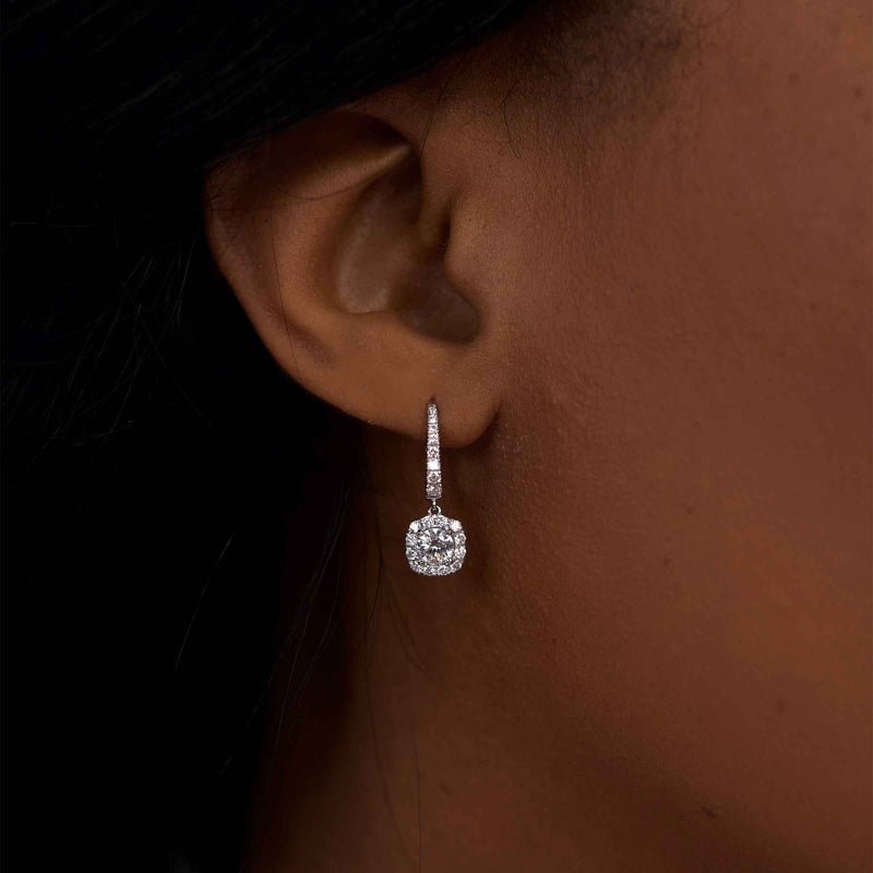 Large Diamond Halo Dangle Earrings, 14K White Gold