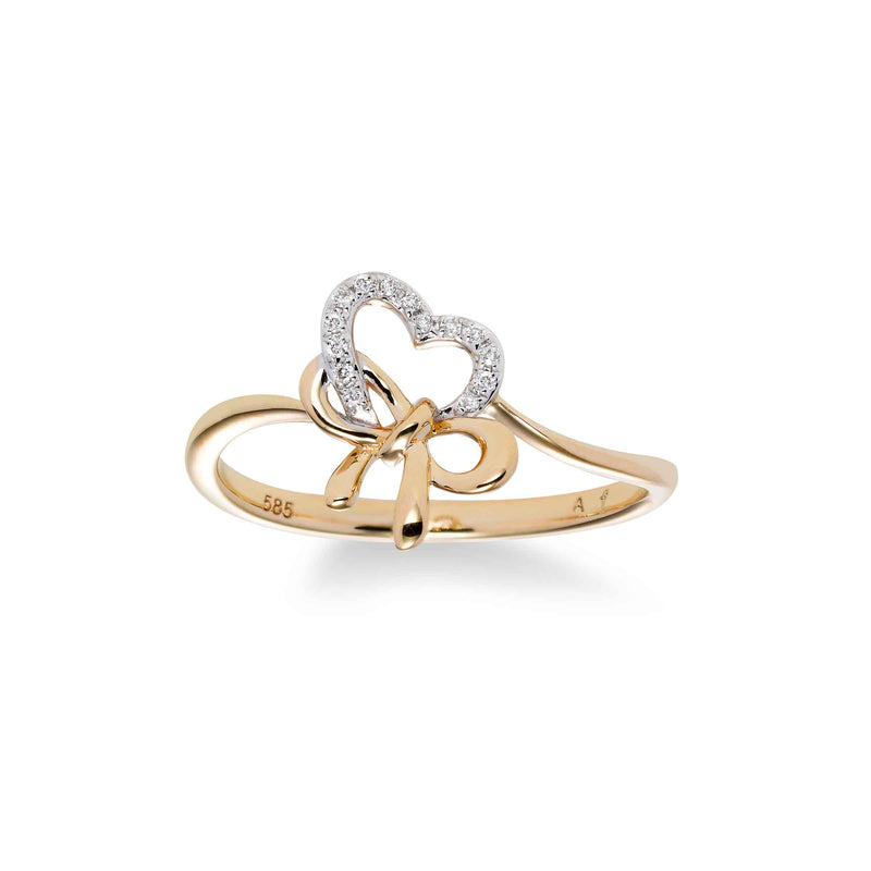 Diamond Heart Bow Ring, Size 6, 14K Yellow Gold