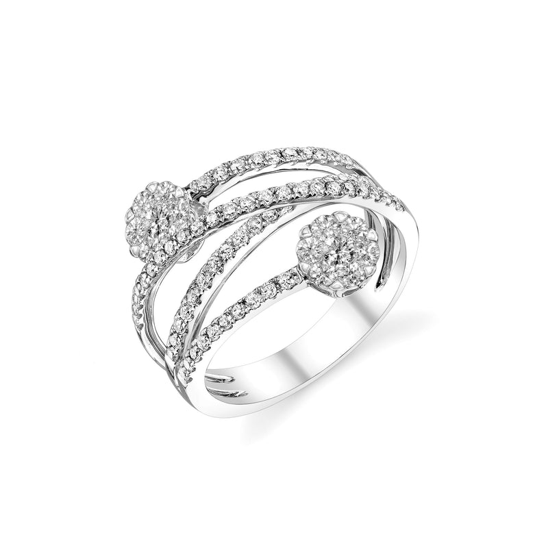 Double Cluster Criss Cross Diamond Ring, 14K White Gold