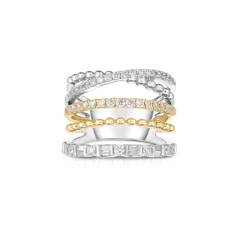 Two Tone Multi Band Diamond Ring, 14K Yellow Gold