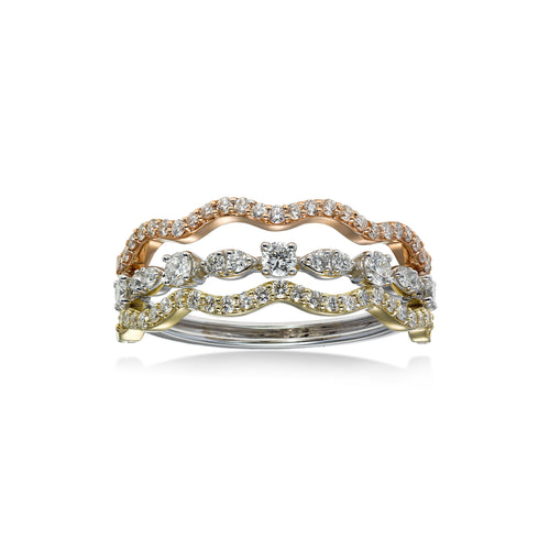 Tricolor Three Row Diamond Ring, 14 Karat Gold
