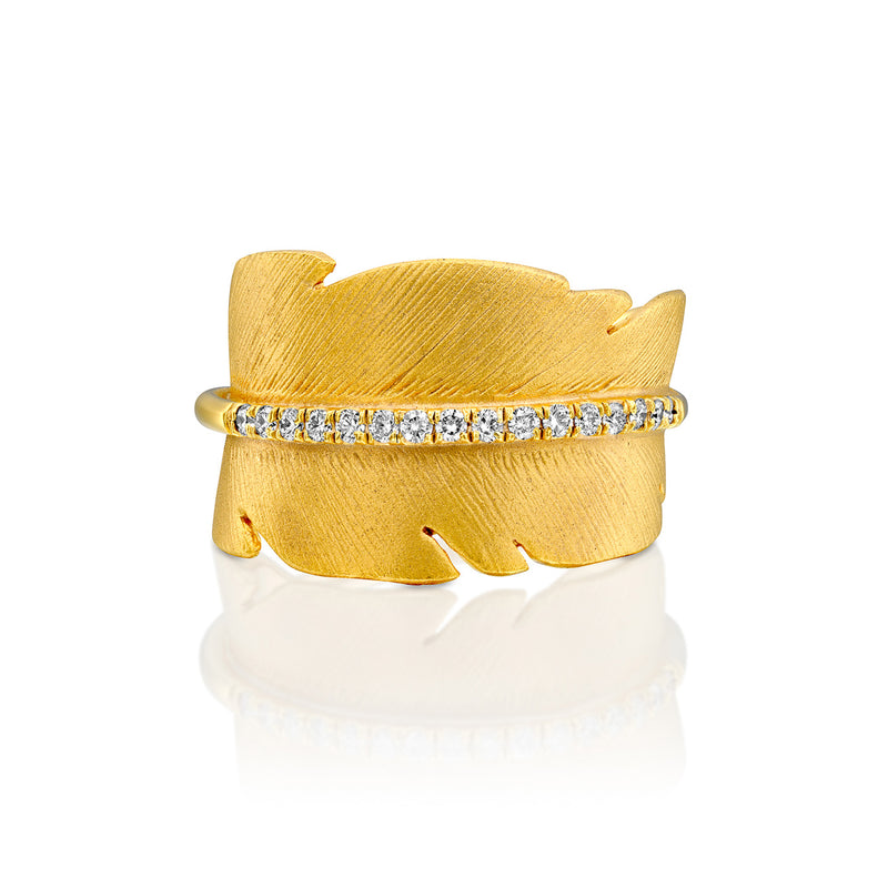 Feather Shaped Diamond Ring, 14K Yellow Gold