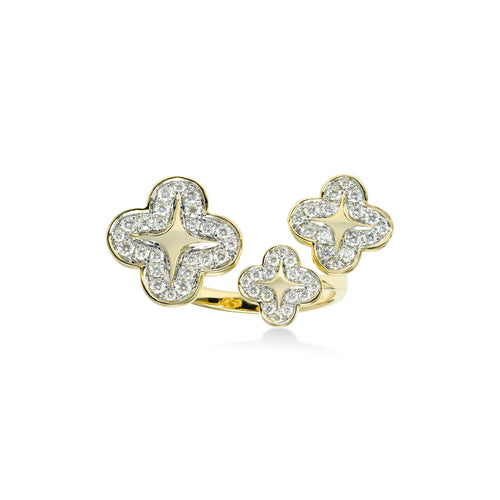Adjustable Diamond Clover Open Ring, 14K Yellow Gold