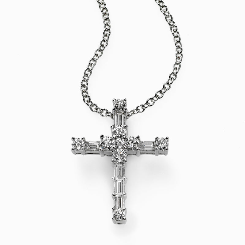 Baguette and Round Diamond Cross, 18K White Gold