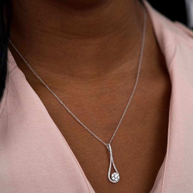 Elongated Drop and Diamond Cluster Pendant, 14K White Gold