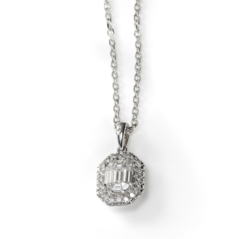 Emerald Cut Diamond Pendant with Halo, 14K White Gold