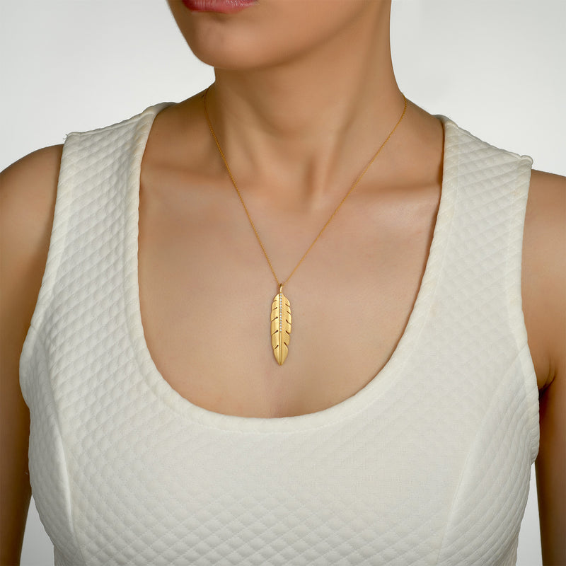 Elongated Diamond Feather Pendant, 14K Yellow Gold