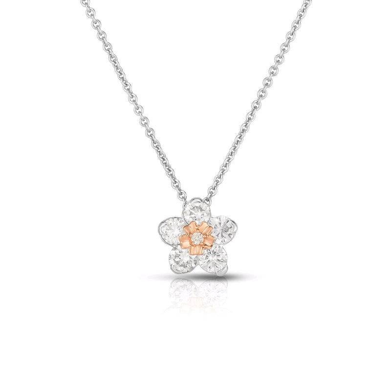 Small Two Tone Diamond Flower Pendant, 14 Karat Gold