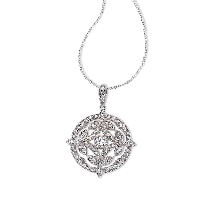 Round Vintage Style Diamond Pendant, 14K White Gold