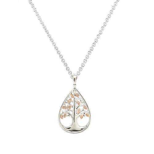 Two Tone Tree of Life Diamond Pendant, 14 Karat Gold
