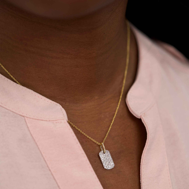 Two Tone Pavé Diamond Dog Tag Pendant, 14 Karat Gold