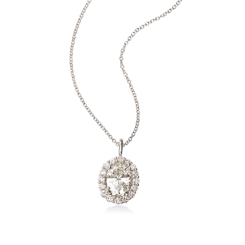 Oval Diamond Halo Pendant, 14k White Gold