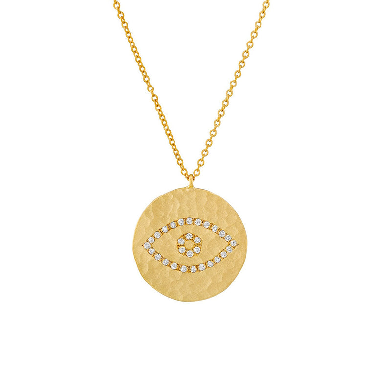 Evil Eye Diamond Disc Pendant, 14K Yellow Gold