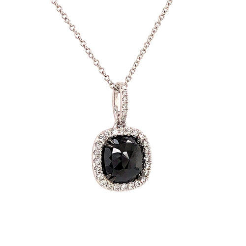 Black Diamond and White Diamond Halo Pendant, 14K White Gold