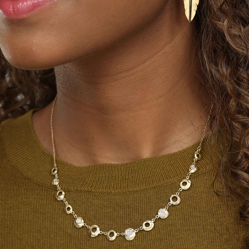 Hammered Diamond Design Necklace, 14K Yellow Gold