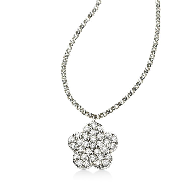 Flower Design Pavé Diamond Pendant, 14K White Gold