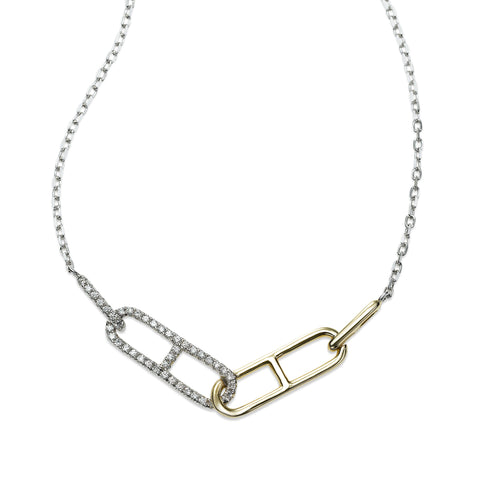 Two Tone Link Design Diamond Necklace, 14 Karat Gold