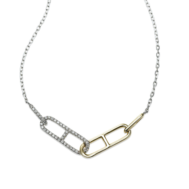 Two Tone Link Design Diamond Necklace, 14 Karat Gold