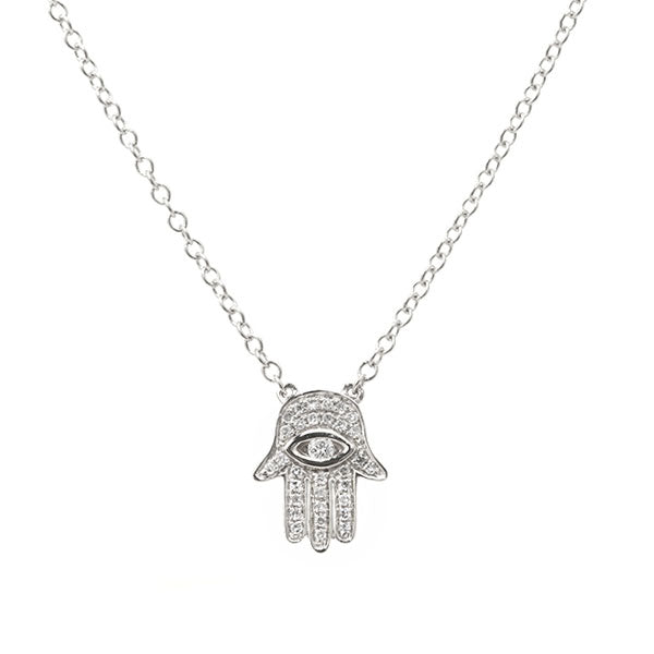 Pavé Diamond Hamsa Necklace, 14K White Gold