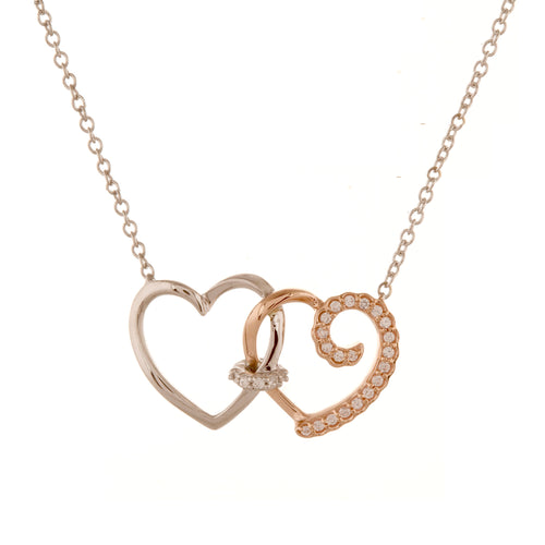 Two Tone Interlocking Hearts Necklace, 14 Karat Gold