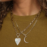 Crescent Moon Charm on Paperclip Necklace, 14K Yellow Gold