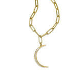 Crescent Moon Charm on Paperclip Necklace, 14K Yellow Gold