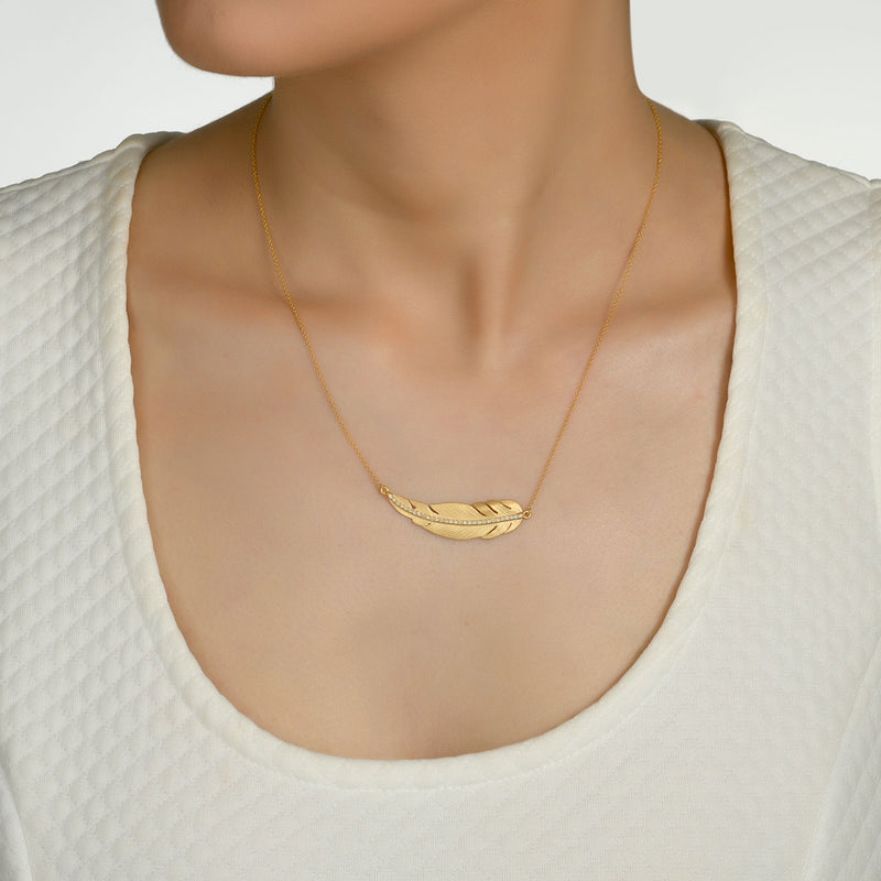 Diamond Feather Necklace, 14K Yellow Gold