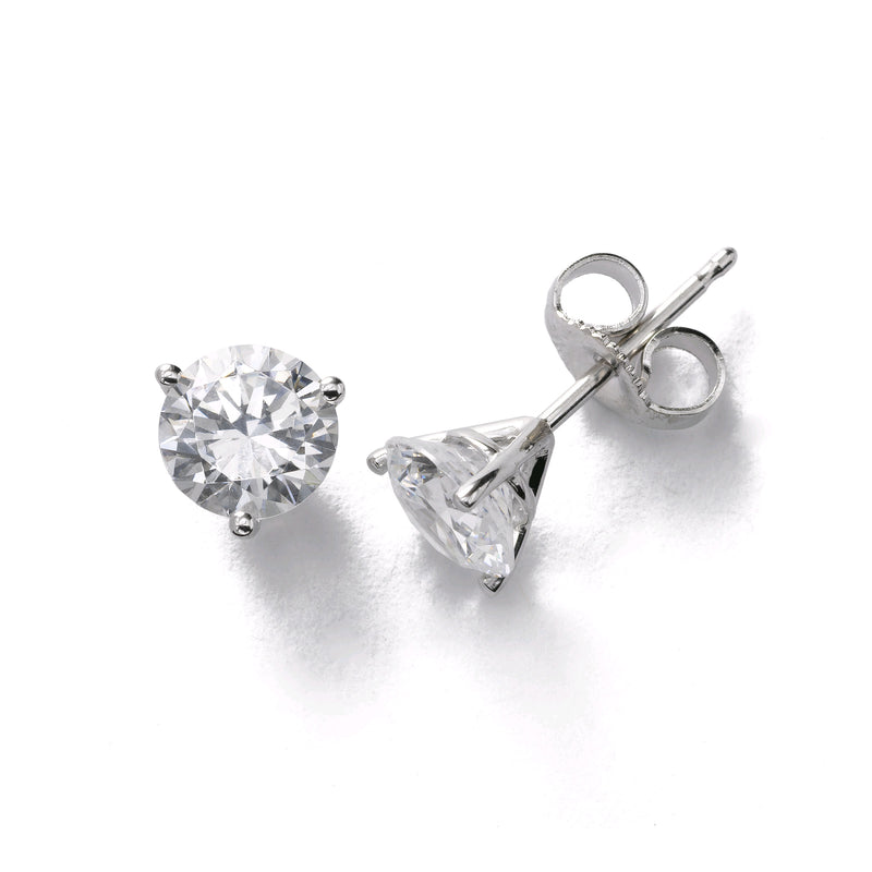 Three Prong Diamond Stud Earrings, 2.13 Carats Total, I-VS2, 18K White Gold