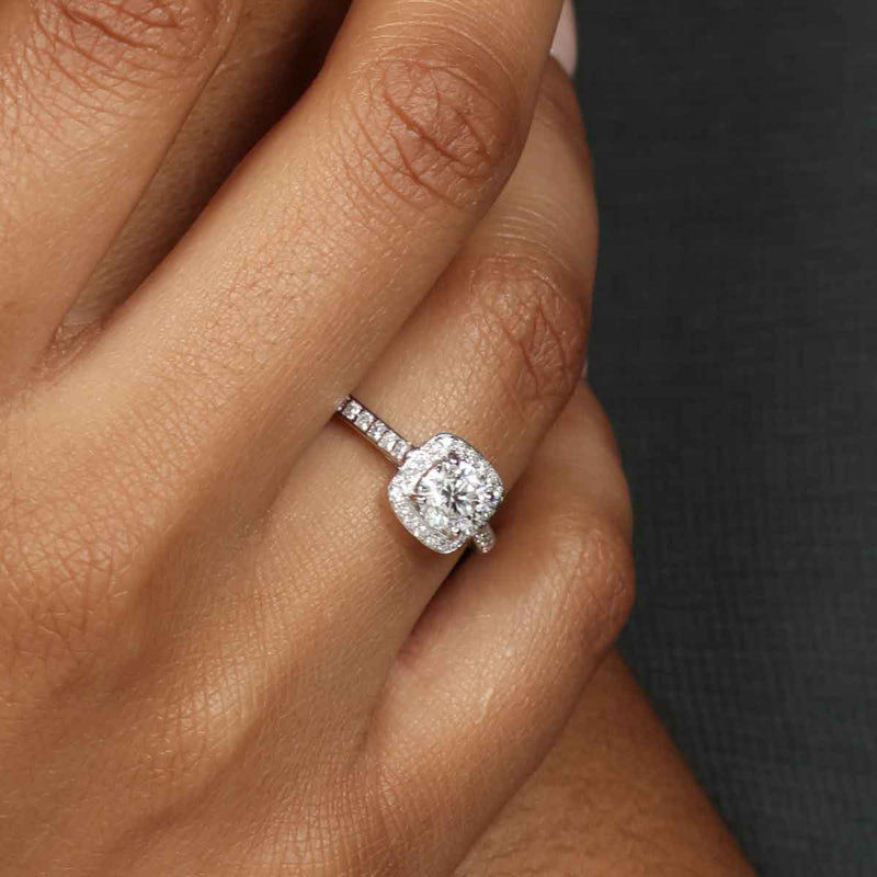 Round Diamond Halo Engagement Ring, .90 Carat Center, 14K White Gold