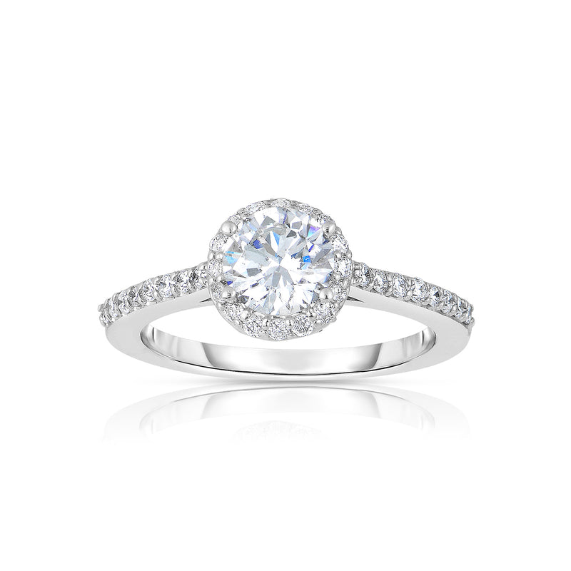Round Diamond Halo Engagement Ring, 18K White Gold