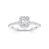Emerald Cut Diamond Ring with Halo, 18K White Gold