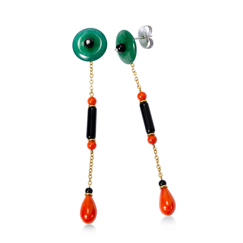 Pre-Owned Coral, Black Onyx and Jade Dangle Earrings, 14K Yellow Gold