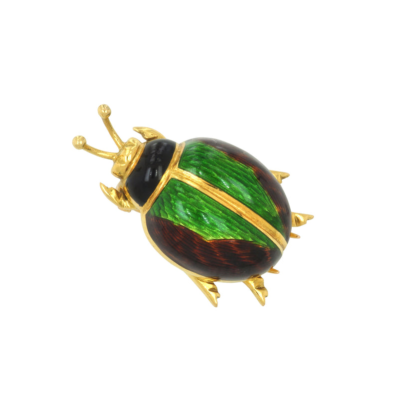 Vintage Enamel Beetle Pin, 18K Yellow Gold