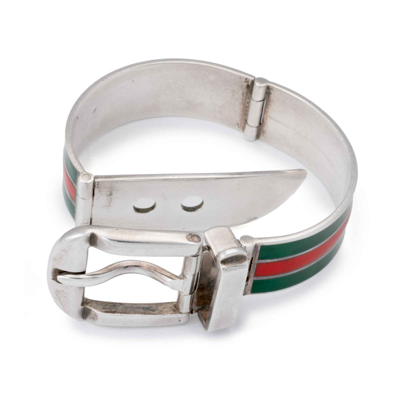 Pre-Owned Gucci Enamel Belt Bracelet, Sterling Silver