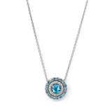 Blue Topaz and Diamond Double Halo Necklace, 14K White Gold
