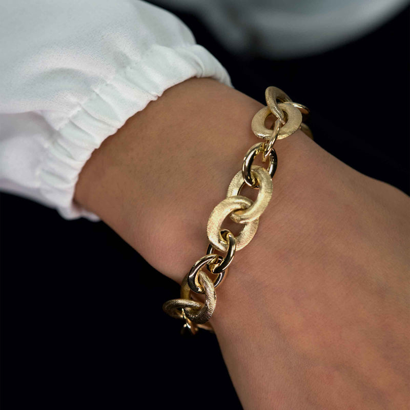 Oval Matte and Shiny Link Bracelet, 14K Yellow Gold