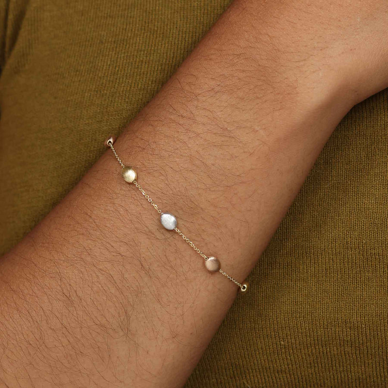 Tri-Color Textured Pebble Bracelet, 14 Karat Gold